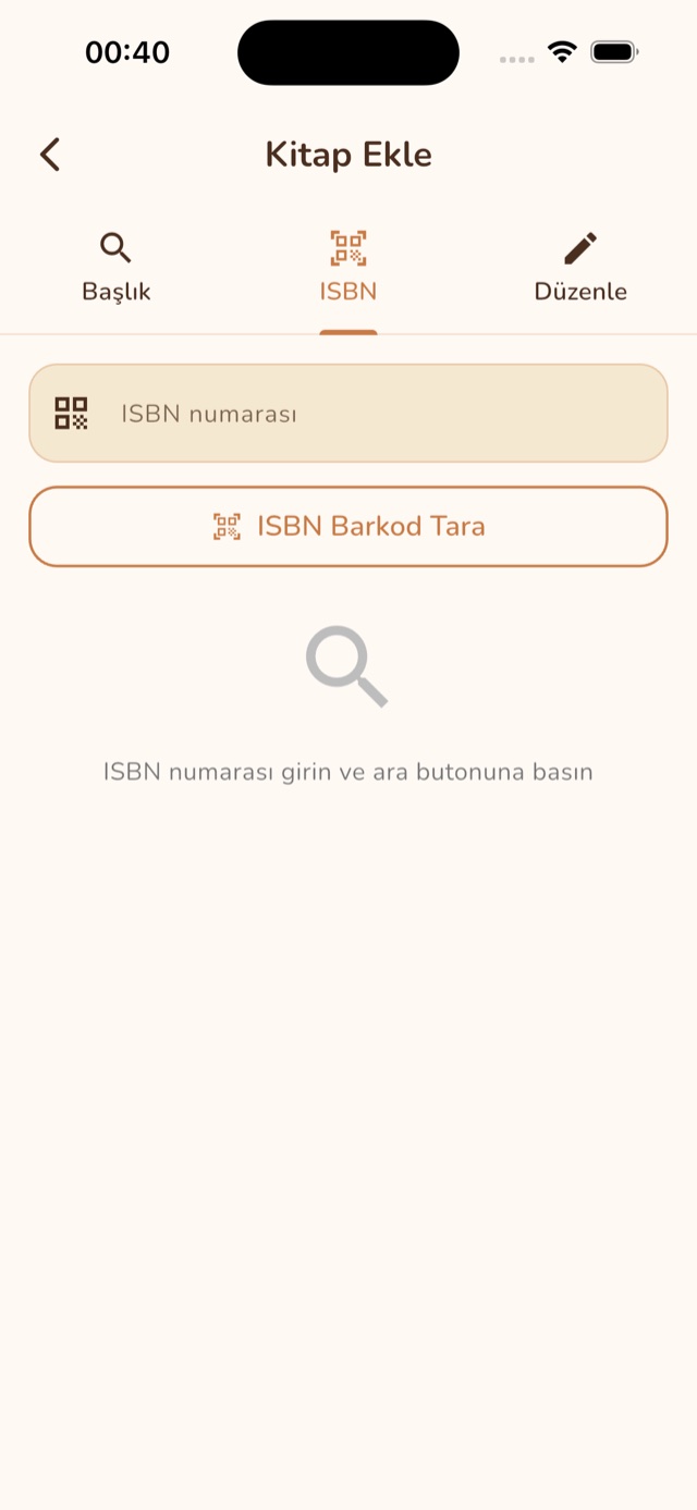 ISBN ile arama ve barkod tarama ekranı