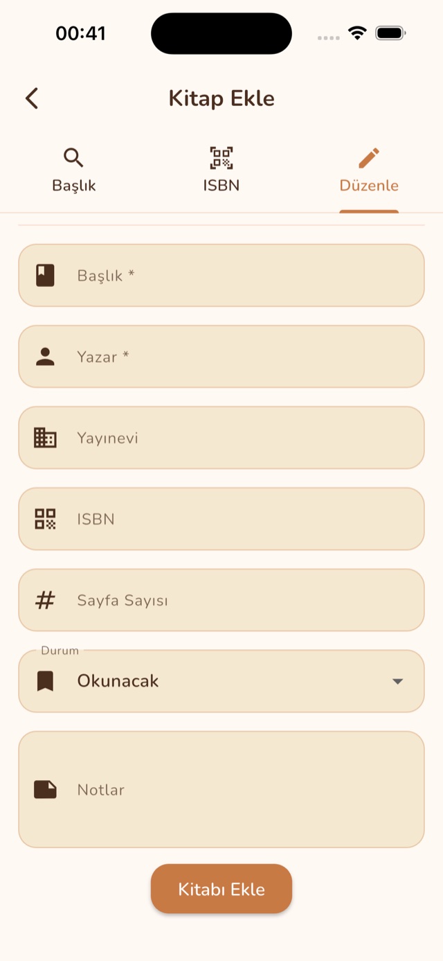 Kitabı manuel olarak ekleme formu ekranı