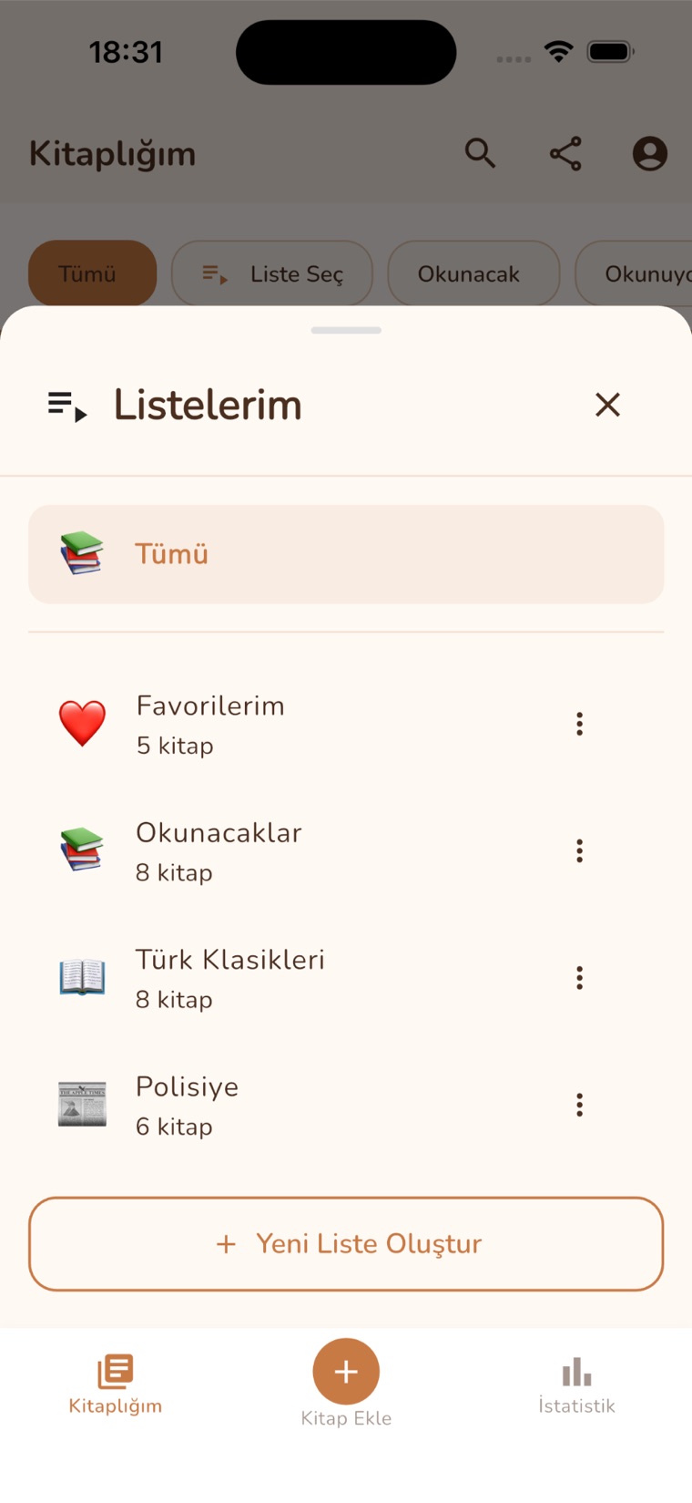 Kitavia’da özel listeler ekranı